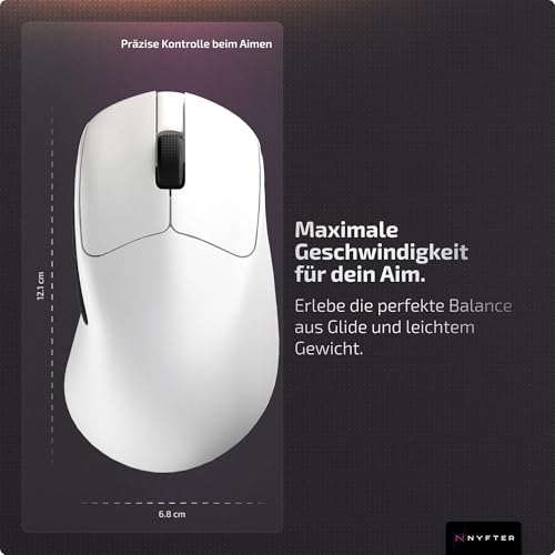 Nyfter Nyf 25 Wireless Gaming Maus – 26.000 DPI PAW3395 Sensor, 50g Ultra-Leicht, Dual Mode, 1000Hz, Huano 80M Switches – Ergonomisch für Palm/Claw/Fingertip (Rechtshänder) (Weiß) Bild 2
