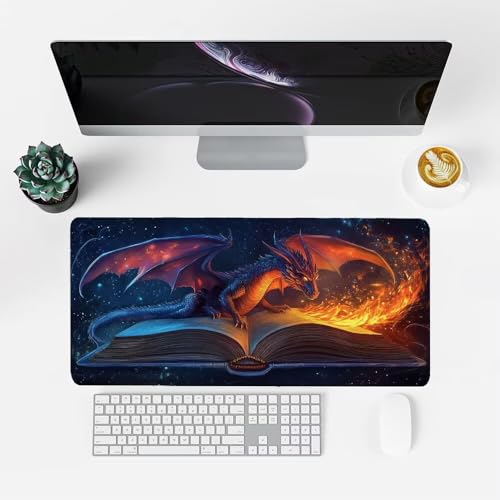 Drache Mauspad 900x500x3mm, Mousepad Gaming Mauspad Feuer Mousepad XXL, Mouse Pad mit Vernähten Kanten und rutschfeste Gummibasis, Schreibtisch Zubehör, Maus Pad für Gaming Tastatur und Maus, f-228 Bild 2