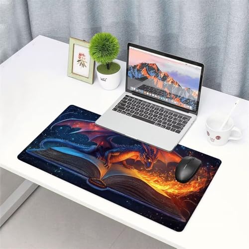 Drache Mauspad 900x500x3mm, Mousepad Gaming Mauspad Feuer Mousepad XXL, Mouse Pad mit Vernähten Kanten und rutschfeste Gummibasis, Schreibtisch Zubehör, Maus Pad für Gaming Tastatur und Maus, f-228 Bild 3