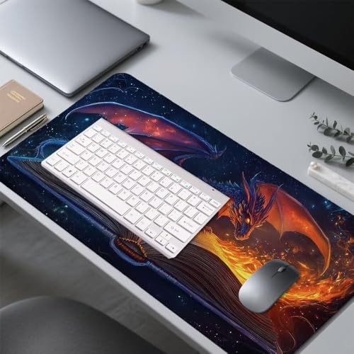 Drache Mauspad 900x500x3mm, Mousepad Gaming Mauspad Feuer Mousepad XXL, Mouse Pad mit Vernähten Kanten und rutschfeste Gummibasis, Schreibtisch Zubehör, Maus Pad für Gaming Tastatur und Maus, f-228 Bild 4