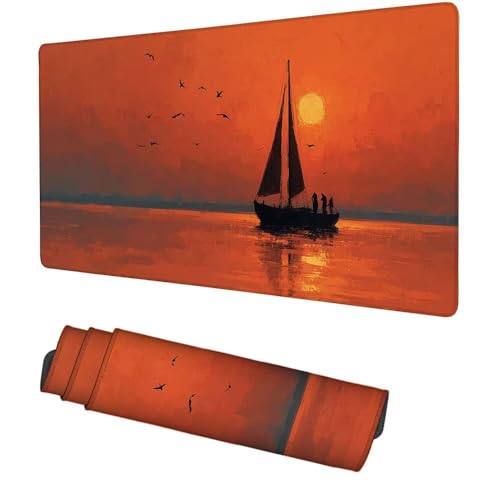 Sonnenuntergang Mauspad 900x500x3mm, Mousepad Gaming Mauspad Schiff Mousepad XXL, Mouse Pad mit Vernähten Kanten und rutschfeste Gummibasis, Schreibtisch Zubehör, für Gaming Tastatur und Maus, f-240 Bild 1