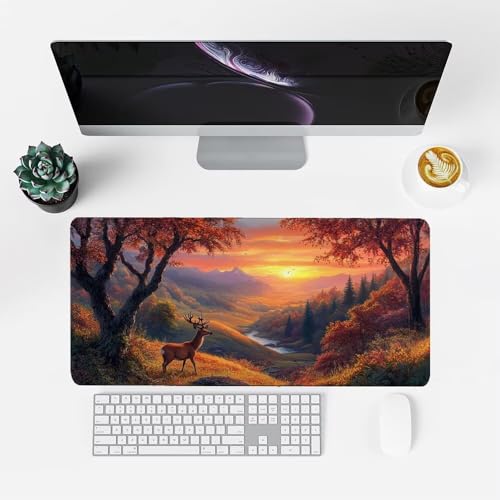 Hirsch Mauspad 900x500x3mm, Mousepad Gaming Mauspad Sonnenuntergang Mousepad XXL, Mouse Pad mit Vernähten Kanten und rutschfeste Gummibasis, Schreibtisch Zubehör, für Gaming Tastatur und Maus, f-234 Bild 2