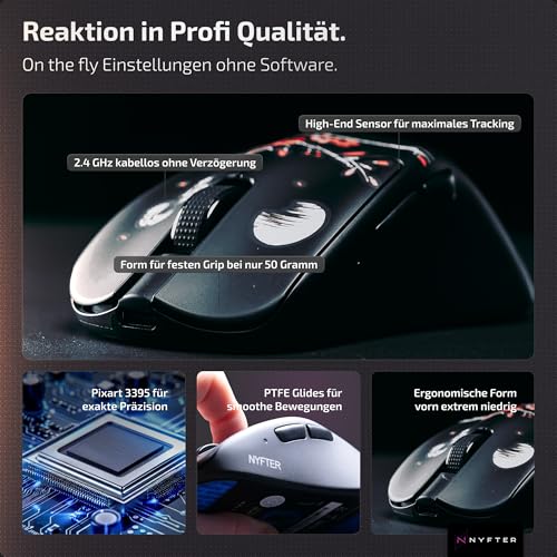 Nyfter Nyf 25 Wireless Gaming Maus – 26.000 DPI PAW3395 Sensor, 50g Ultra-Leicht, Dual Mode, 1000Hz, Huano 80M Switches – Ergonomisch für Palm/Claw/Fingertip (Rechtshänder) (Sakura) Bild 3
