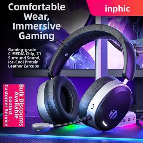INPHIC H9 Kabelloses Gaming-Headset für PC, kabellos, 50 mm Treiber mit 7.1-Surround-Sound und Mikrofon mit Geräuschunterdrückung, für PC/PS5/Switch (schwarz) Bild 2