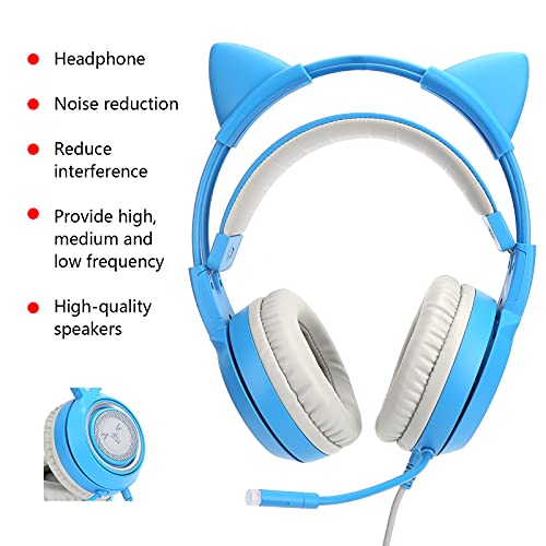 Cuifati 40-mm-Gaming-Headset, 3,5-mm-Stereo-Katzenohrkopfhörer mit LED-Licht und Abnehmbaren Ohren, PC-Mobiltelefon (Blue) Bild 2