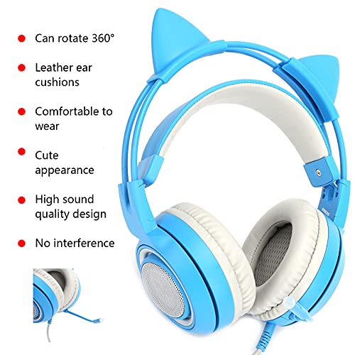 Cuifati 40-mm-Gaming-Headset, 3,5-mm-Stereo-Katzenohrkopfhörer mit LED-Licht und Abnehmbaren Ohren, PC-Mobiltelefon (Blue) Bild 3