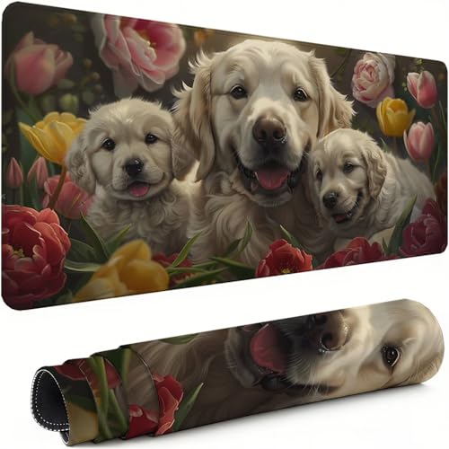 Gaming Mauspad XXL 1600x800x3mm Hund Mousepad, Große Speed rutschfeste Schreibtischunterlage Blume Verbessert Präzision und Geschwindigkeit mit Stoßdämpfung für Tastatur und Maus Homeoffice xg-833 Bild 1