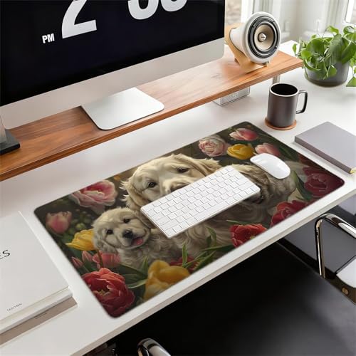 Gaming Mauspad XXL 1600x800x3mm Hund Mousepad, Große Speed rutschfeste Schreibtischunterlage Blume Verbessert Präzision und Geschwindigkeit mit Stoßdämpfung für Tastatur und Maus Homeoffice xg-833 Bild 2
