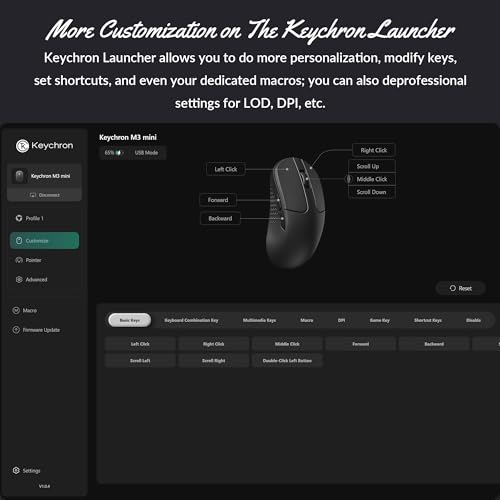 Keychron M3 Kabellose optische Maus, 2.4 GHz/Bluetooth 5.2, 1000 Hz, programmierbarer, PixArt 3311 Sensor, 12000 DPI/300 IPS, leicht und ergonomisch, Gaming-Maus für Windows, Mac und Linux – Schwarz Bild 4