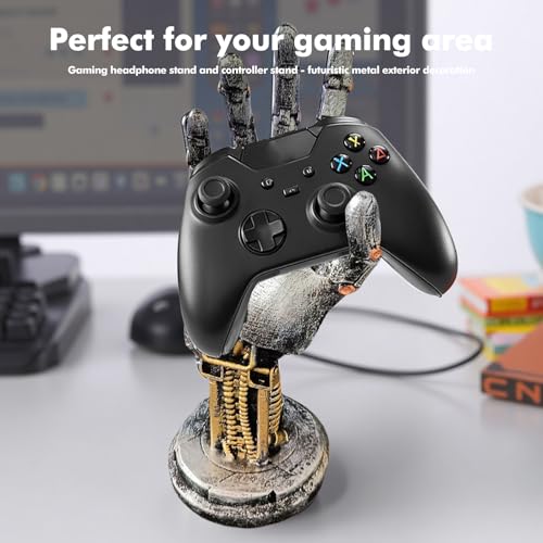 BORDEAG Cyberpunk Kopfhörerständer, Kopfhörer und Controller Halter aus Hochwertigem Harz und Metalloptik, Gaming Headset Halterung und Controller Ständer, Geeignet für Vitrine Schreibtischdekoration Bild 4