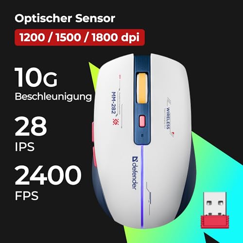 Defender Dila MM-282 Kabellose Gaming Maus, RGB Beleuchtung, 1800 DPI, 500 mAh Akku, 5 programmierbare Tasten, USB-C, 2.4 GHz Wireless Maus Bild 2