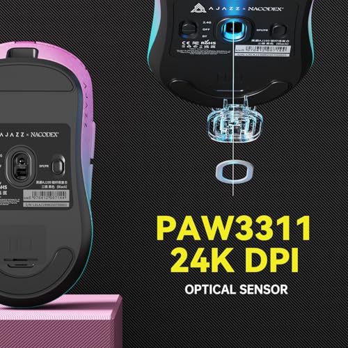 A.JAZZ AJ199 Carbonfaser-Gaming-Maus, Kabellos 2,4G/BT/USB-C Tri-Mode, Ultraleicht 55g, Optischer PixArt PAW3311-Sensor mit 24.000 DPI und 1.000 Polling (Rosa Blau) Bild 5