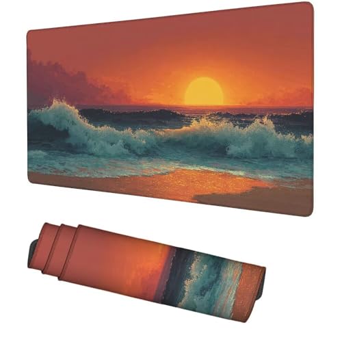 Sonnenuntergang Mauspad 900x500x3mm, Mousepad Gaming Mauspad die Welle Mousepad XXL, Mouse Pad mit Vernähten Kanten und Gummibasis, Schreibtisch Zubehör, für Gaming Tastatur und Maus, f-260 Bild 1