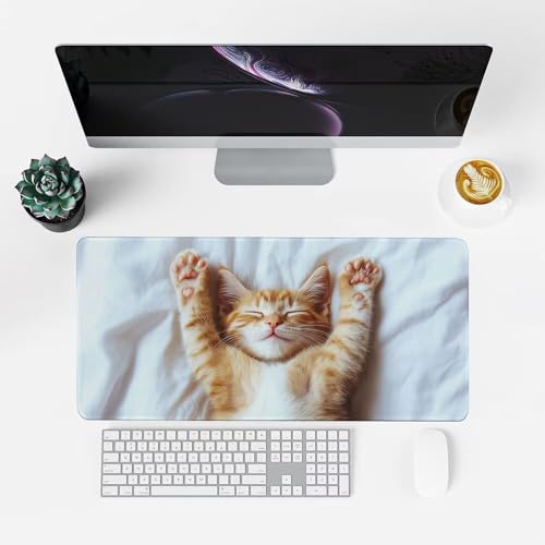 Katze Mauspad 900x500x3mm, Mousepad Gaming Mauspad Weiß Mousepad XXL, Mouse Pad mit Vernähten Kanten und rutschfeste Gummibasis, Schreibtisch Zubehör, Maus Pad für Gaming Tastatur und Maus, f-294 Bild 2