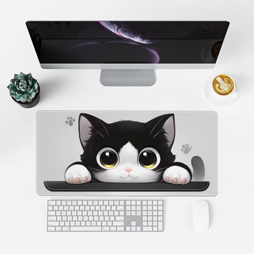 Katze Mauspad 900x500x3mm, Mousepad Gaming Mauspad Schwarz(2) Mousepad XXL, Mouse Pad mit Vernähten Kanten und rutschfeste Gummibasis, Schreibtisch Zubehör, für Gaming Tastatur und Maus, f-300 Bild 2