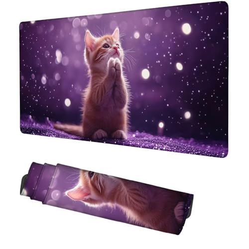 Katze Mauspad 1000x500x3mm, Mousepad Gaming Mauspad Violett Mousepad XXL, Mouse Pad mit Vernähten Kanten und rutschfeste Gummibasis, Schreibtisch Zubehör, Maus Pad für Gaming Tastatur und Maus, f-310 Bild 1