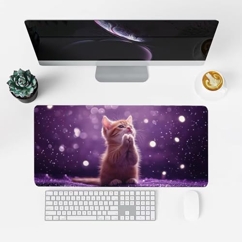 Katze Mauspad 1000x500x3mm, Mousepad Gaming Mauspad Violett Mousepad XXL, Mouse Pad mit Vernähten Kanten und rutschfeste Gummibasis, Schreibtisch Zubehör, Maus Pad für Gaming Tastatur und Maus, f-310 Bild 2