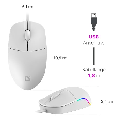 Defender Azora MB-241 Kabelgebundene Maus, 1200 DPI Optische USB Maus mit Regenbogen LED Beleuchtung, Symmetrische Full-Size Büro Maus für PC Laptop, Plug & Play (Weiß) Bild 6