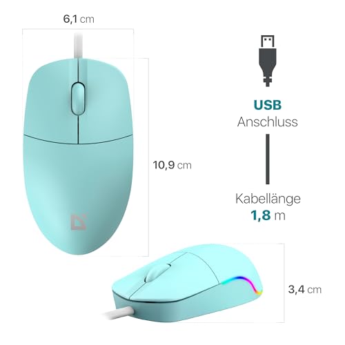 Defender Azora MB-241 Kabelgebundene Maus, 1200 DPI Optische USB Maus mit Regenbogen LED Beleuchtung, Symmetrische Full-Size Büro Maus für PC Laptop, Plug & Play (Blau) Bild 6
