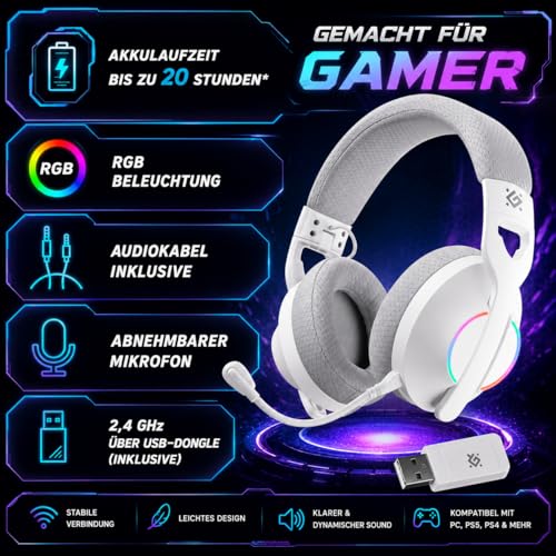 Defender® Weaver PRO Wireless Gaming Headset 40h Akkulaufzeit, 2.4GHz+BT(≤30ms), 7.1 SurroundSound,Kopfhörer Mit Mikrofon mit Noise-Cancelling, Kompatibel für PS5/PS4/Switch, PC Headset, Weiß Bild 2