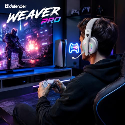 Defender® Weaver PRO Wireless Gaming Headset 40h Akkulaufzeit, 2.4GHz+BT(≤30ms), 7.1 SurroundSound,Kopfhörer Mit Mikrofon mit Noise-Cancelling, Kompatibel für PS5/PS4/Switch, PC Headset, Weiß Bild 3