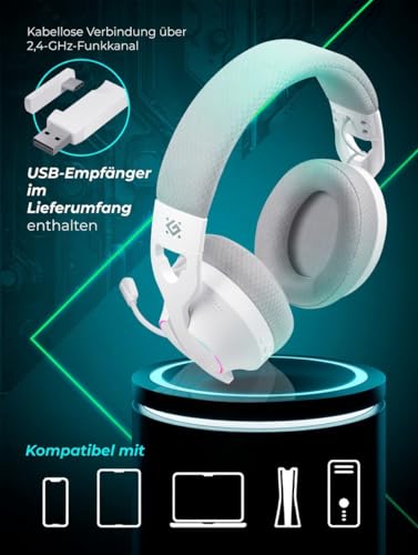 Defender® Weaver PRO Wireless Gaming Headset 40h Akkulaufzeit, 2.4GHz+BT(≤30ms), 7.1 SurroundSound,Kopfhörer Mit Mikrofon mit Noise-Cancelling, Kompatibel für PS5/PS4/Switch, PC Headset, Weiß Bild 6