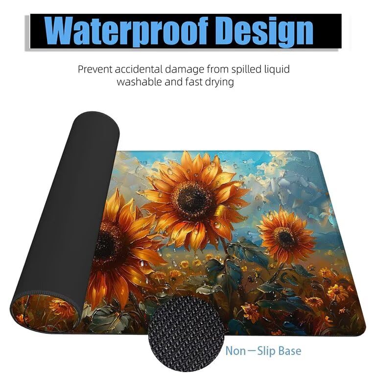 Schreibtischunterlage Sonnenblume Mauspad XXL 150x80cm Mousepad Anlage Gaming Mauspad mit Nicht rutschender Unterlage, Vernähte Kanten WassXerdicht Anti-Rutsch Maus Pad für PC, MacBook, Laptop F0-902 Bild 4