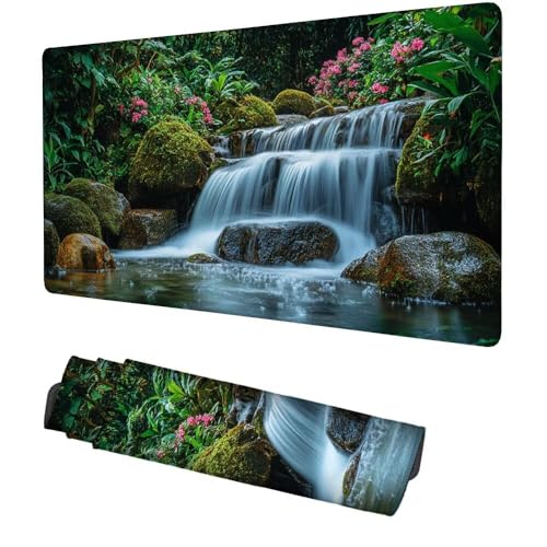Wasserfall Mauspad 1000x500x3mm, Mousepad Gaming Mauspad Landschaft Mousepad XXL, Mouse Pad mit Vernähten Kanten und rutschfeste Gummibasis, Schreibtisch Zubehör, für Gaming Tastatur und Maus, f-338 Bild 1