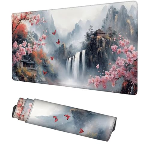 Wasserfall Mauspad 1000x500x3mm, Mousepad Gaming Mauspad Blume Mousepad XXL, Mouse Pad mit Vernähten Kanten und rutschfeste Gummibasis, Schreibtisch Zubehör, für Gaming Tastatur und Maus, f-340 Bild 1