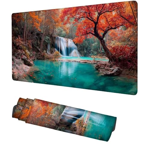 Wasserfall Mauspad 900x500x3mm, Mousepad Gaming Mauspad Herbst Mousepad XXL, Mouse Pad mit Vernähten Kanten und rutschfeste Gummibasis, Schreibtisch Zubehör, für Gaming Tastatur und Maus, f-350 Bild 1
