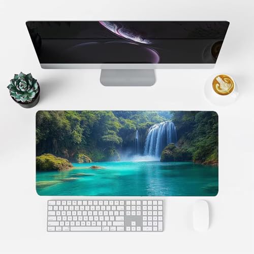 Wasserfall Mauspad 900x500x3mm, Mousepad Gaming Mauspad Grün Mousepad XXL, Mouse Pad mit Vernähten Kanten und Rutschfeste Gummibasis, Schreibtisch Zubehör, Maus Pad für Gaming Tastatur und Maus, f-342 Bild 2