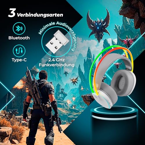 Defender® Tsunami Wireless Gaming Headset 40h Akkulaufzeit, 2.4GHz+BT(≤30ms), 7.1 SurroundSound,Kopfhörer Mit Mikrofon mit Noise-Cancelling, Kompatibel für PS5/PS4/Switch, PC Headset, Weiß Bild 3