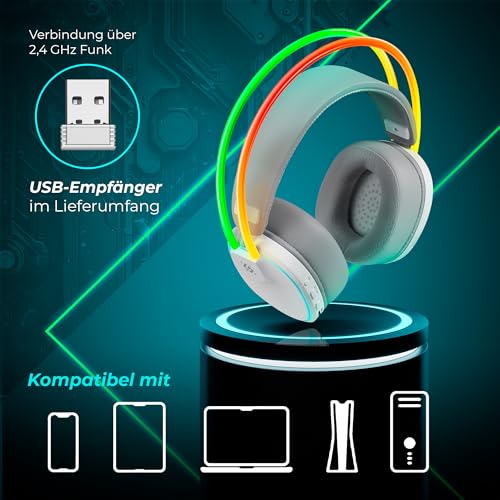 Defender® Tsunami Wireless Gaming Headset 40h Akkulaufzeit, 2.4GHz+BT(≤30ms), 7.1 SurroundSound,Kopfhörer Mit Mikrofon mit Noise-Cancelling, Kompatibel für PS5/PS4/Switch, PC Headset, Weiß Bild 4
