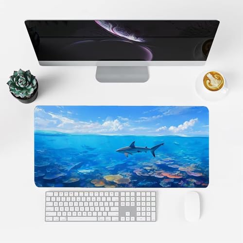Hai Mauspad 1000x500x3mm, Mousepad Gaming Mauspad blau Mousepad XXL, Mouse Pad mit Vernähten Kanten und rutschfeste Gummibasis, Schreibtisch Zubehör, Maus Pad für Gaming Tastatur und Maus, f-370 Bild 2