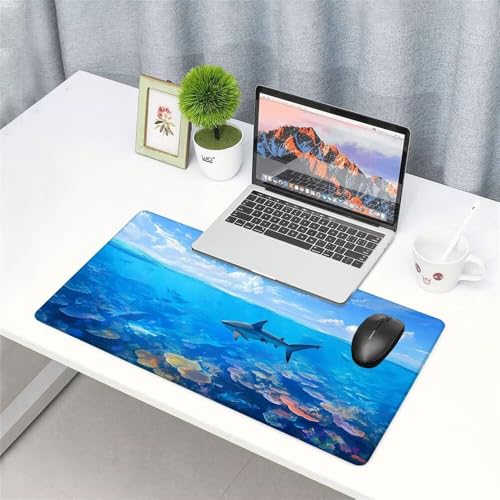 Hai Mauspad 1000x500x3mm, Mousepad Gaming Mauspad blau Mousepad XXL, Mouse Pad mit Vernähten Kanten und rutschfeste Gummibasis, Schreibtisch Zubehör, Maus Pad für Gaming Tastatur und Maus, f-370 Bild 3