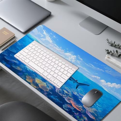 Hai Mauspad 1000x500x3mm, Mousepad Gaming Mauspad blau Mousepad XXL, Mouse Pad mit Vernähten Kanten und rutschfeste Gummibasis, Schreibtisch Zubehör, Maus Pad für Gaming Tastatur und Maus, f-370 Bild 4