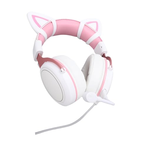 Kabelgebundenes Gaming-Headset für PC, RGB-Beleuchtung, Geräuschunterdrückung, Over-Ear-Kopfhörer mit Mikrofon für Gaming-Enthusiasten (Weiß-Rosa mit Katzenohren-Dekor) Bild 7