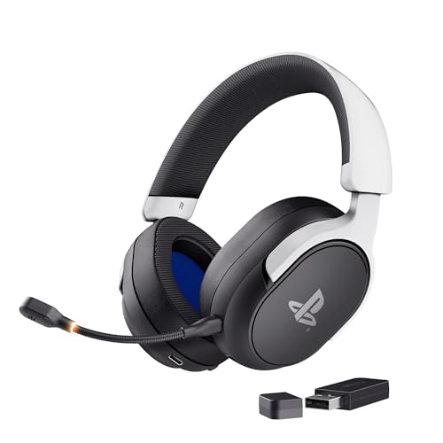 GXTrust 499BW Forta Kabelloses Gaming Headset Offiziell Lizenziert für PlayStation 5, Niedriger Latenz, 2,4G USB Empfänger, 50mm Treiber, 55H Akkulaufzeit, Headset PS5 mit Mikrofon, Schwarz/Weiß Bild 1