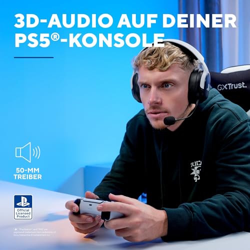 GXTrust 499BW Forta Kabelloses Gaming Headset Offiziell Lizenziert für PlayStation 5, Niedriger Latenz, 2,4G USB Empfänger, 50mm Treiber, 55H Akkulaufzeit, Headset PS5 mit Mikrofon, Schwarz/Weiß Bild 4