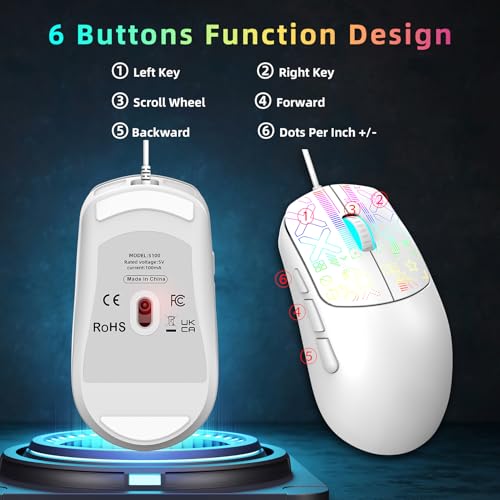 Vikye Kabelgebundene Gaming-Maus, 1200/1600/2400/3600 DPI, Kabelgebundene Optische Maus mit 6 Programmierbaren Tasten, Bunte Hintergrundbeleuchtung für PC, Desktop, Computer, Laptop (White) Bild 2