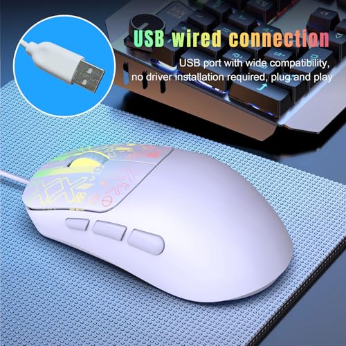 Vikye Kabelgebundene Gaming-Maus, 1200/1600/2400/3600 DPI, Kabelgebundene Optische Maus mit 6 Programmierbaren Tasten, Bunte Hintergrundbeleuchtung für PC, Desktop, Computer, Laptop (White) Bild 4