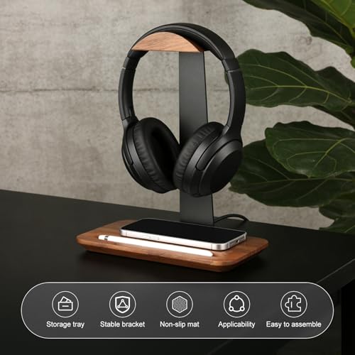 Kopfhörer Ständer aus Walnussholz mit Rutschfeste Basis, Stabiler Kopfhörerhalter für Over-Ear & Gaming Kopfhörer, Headset Halterung, Tisch Zubehör, Passend für Bügelbreite bis 6 cm & Höhe bis 26 cm Bild 5