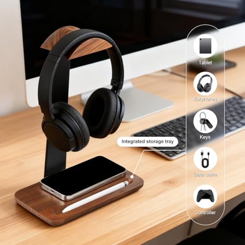 Kopfhörer Ständer aus Walnussholz mit Rutschfeste Basis, Stabiler Kopfhörerhalter für Over-Ear & Gaming Kopfhörer, Headset Halterung, Tisch Zubehör, Passend für Bügelbreite bis 6 cm & Höhe bis 26 cm Bild 7