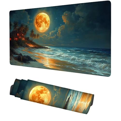 Mond Mauspad 900x500x3mm, Mousepad Gaming Mauspad Strand Mousepad XXL, Mouse Pad mit Vernähten Kanten und rutschfeste Gummibasis, Schreibtisch Zubehör, Maus Pad für Gaming Tastatur und Maus, f-458 Bild 1