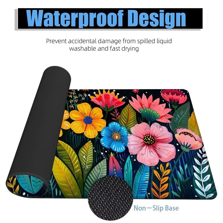 Schreibtischunterlage Bunt Mauspad XXL 150x80cm Mousepad Blume Gaming Mauspad mit Nicht rutschender Unterlage, Vernähte Kanten WassXerdicht Anti-Rutsch Maus Pad für Laptop, Office Geschenke F0-956 Bild 4