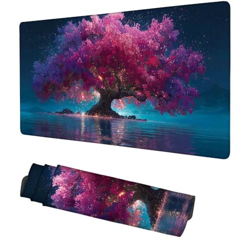 Lila Mauspad 900x500x3mm, Mousepad Gaming Mauspad Baum Mousepad XXL, Mouse Pad mit Vernähten Kanten und rutschfeste Gummibasis, Schreibtisch Zubehör, Maus Pad für Gaming Tastatur und Maus, f-488 Bild 1