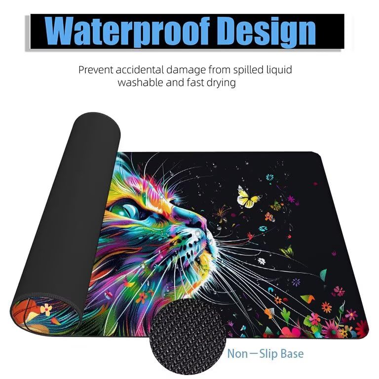 Schreibtischunterlage Schwarz Mauspad XXL 150x80cm Mousepad Katze Gaming Mauspad mit Nicht rutschender Unterlage, Vernähte Kanten WassXerdicht Anti-Rutsch Maus Pad für PC, Office Geschenke F0-953 Bild 4