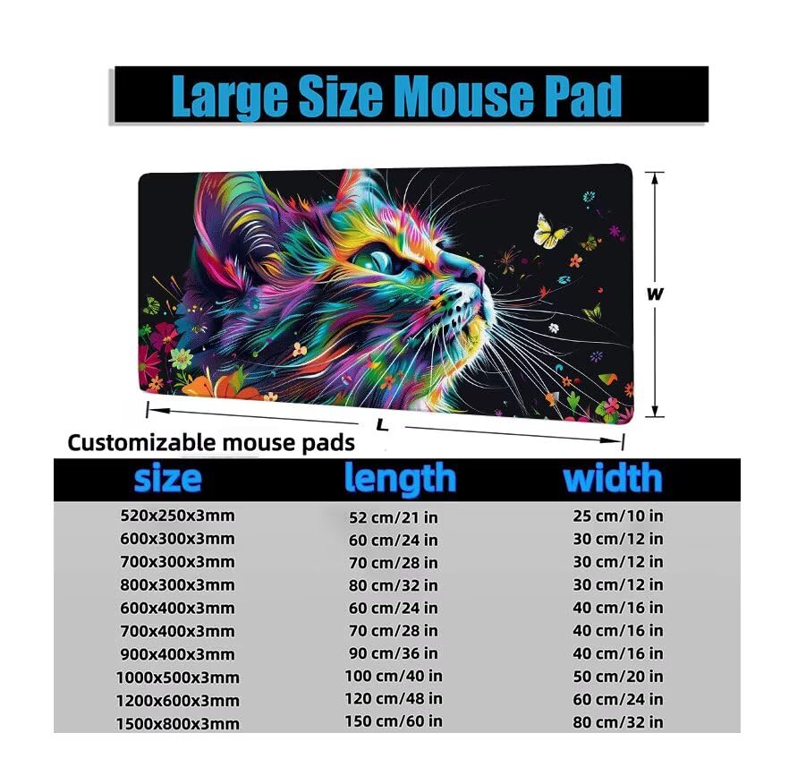 Schreibtischunterlage Schwarz Mauspad XXL 150x80cm Mousepad Katze Gaming Mauspad mit Nicht rutschender Unterlage, Vernähte Kanten WassXerdicht Anti-Rutsch Maus Pad für PC, Office Geschenke F0-953 Bild 6