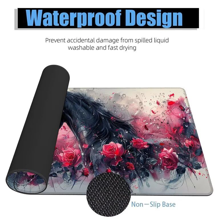 Schreibtischunterlage Rosa Mauspad XXL 120x60cm Mousepad Pferd Gaming Mauspad mit Nicht rutschender Unterlage, Vernähte Kanten WassXerdicht Anti-Rutsch Maus Pad für Laptop, Office Geschenke F0-986 Bild 4