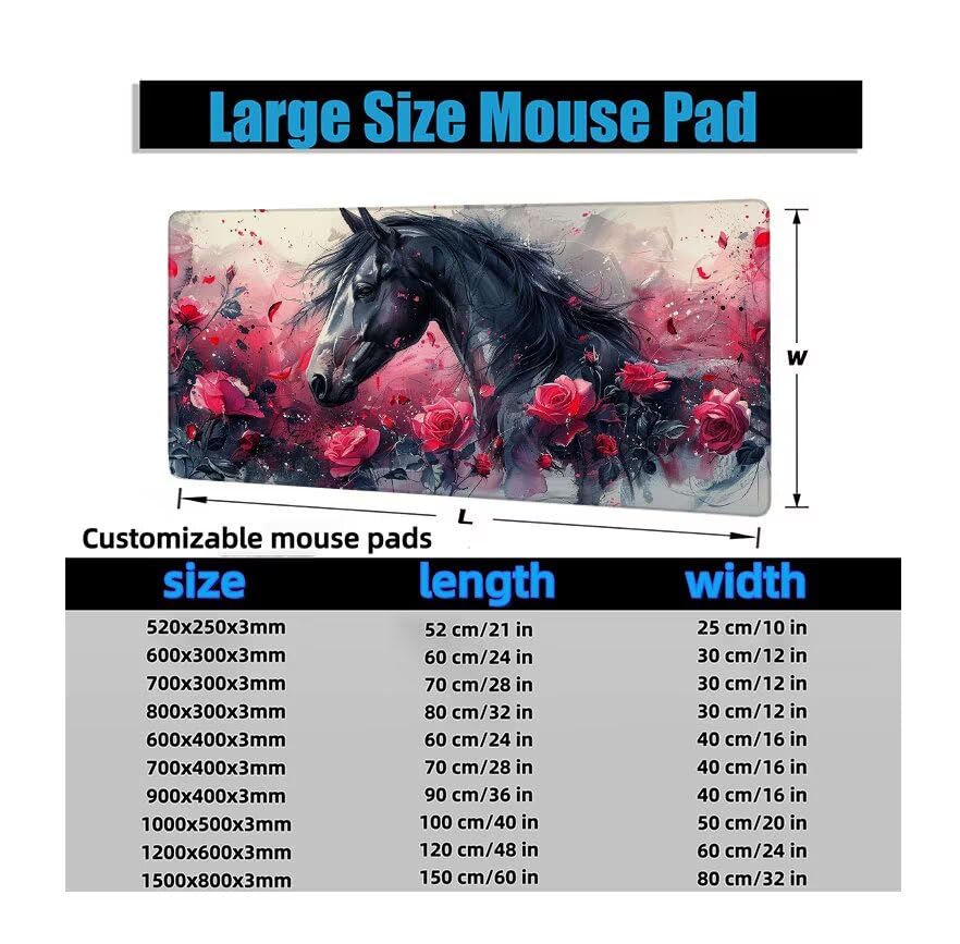 Schreibtischunterlage Rosa Mauspad XXL 120x60cm Mousepad Pferd Gaming Mauspad mit Nicht rutschender Unterlage, Vernähte Kanten WassXerdicht Anti-Rutsch Maus Pad für Laptop, Office Geschenke F0-986 Bild 6